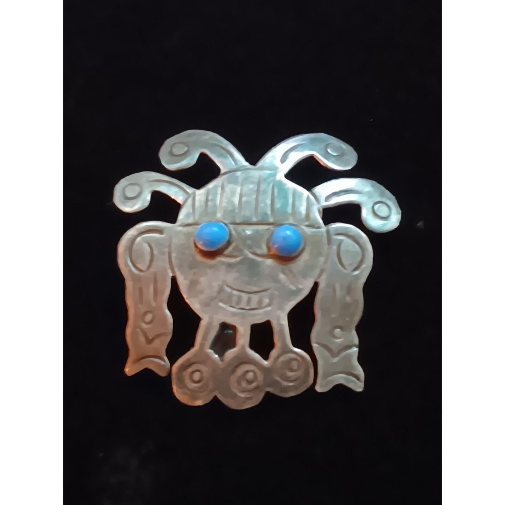 Sterling Silver 925 Aztec Face Turquoise Eyes Vtg Atq Pin Brooch G6